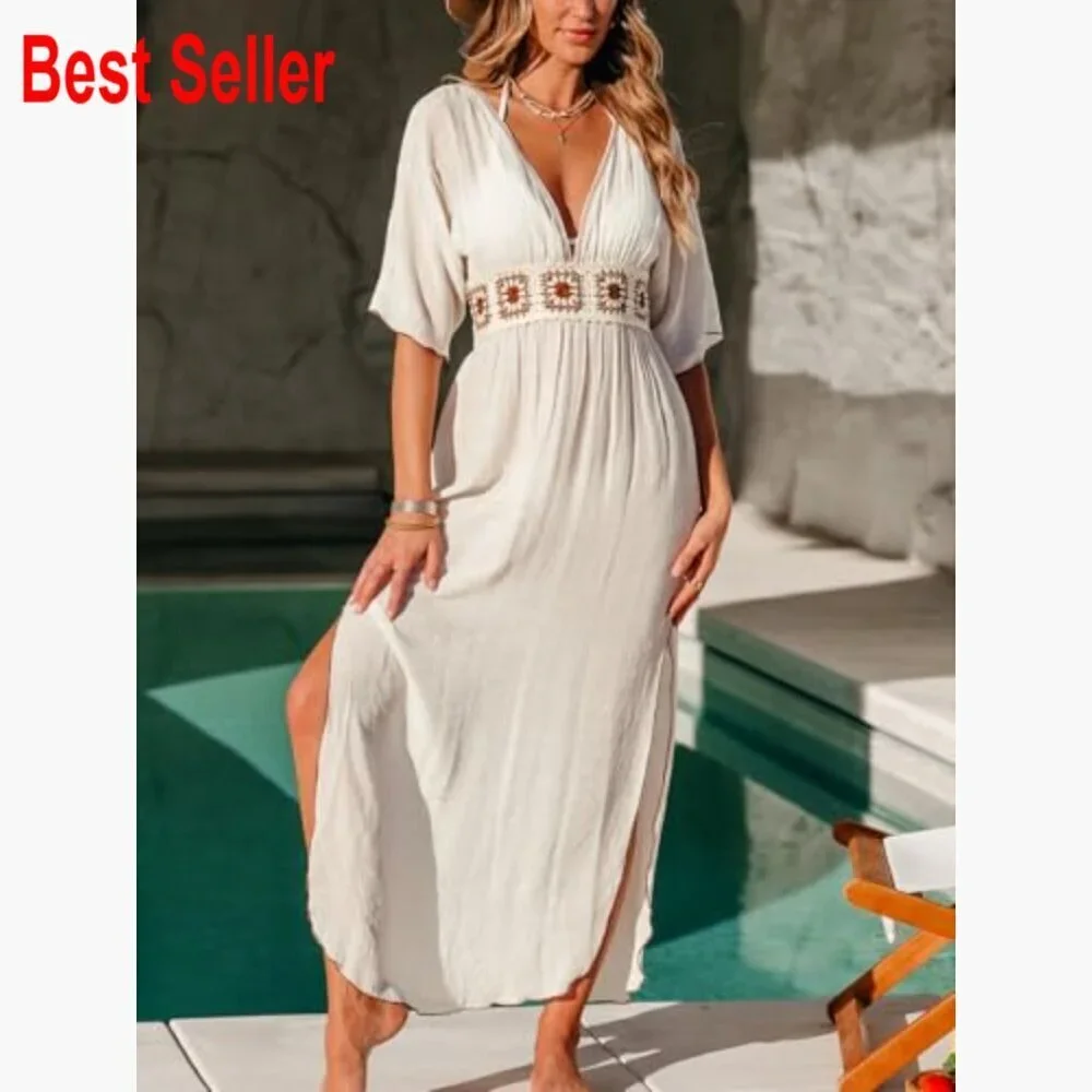 Rayon Blend Maxi Coverup Dress with V Neck and Split Hem